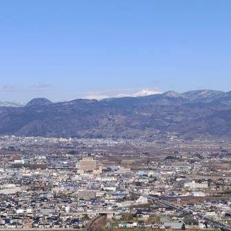 羽山の湯殿山神社裏から北方面展望、雪に覆われた蔵王連峰が顔を出しています。
