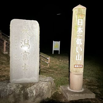 山頂は海抜0mで日本一低い山を目指して海抜-3mの干潟に築かれそうですが、国土地理院が認めてくれず、ただの建造物扱いだそうです。

富士山の地図使ったのは出来心からで、男鹿半島の地図に載っています。