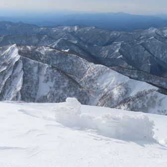 前仙ノ倉直下に🎪跡がありました～　

左の大源太山の奥に三国山～ワラジカケマツノ頭、その手前に三角山がチラリ かな