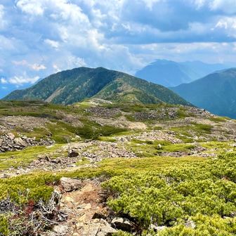 ↗️↗️振り返って👁️笹山・北峰、奥に南峰▲▲
登って来た「ダイレクト尾根」も見える、、

‼️その向こう☁️が切れて、双耳峰が現れた🕶️