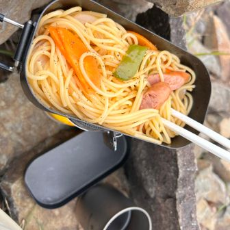 うむ。昨日の先輩が食べてたナポリタンが羨ましくて作るが…ケチャップが足りないしコンソメ忘れた。強風過ぎて何度も火が消える🫠最後は塩とコショウで誤魔化す。