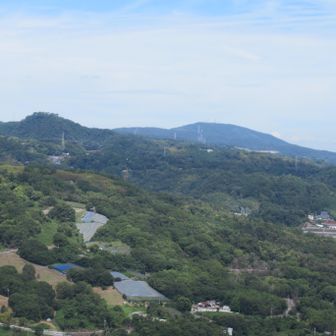 中央右が生駒山。左の山頂の木がでこぼこが信貴山。