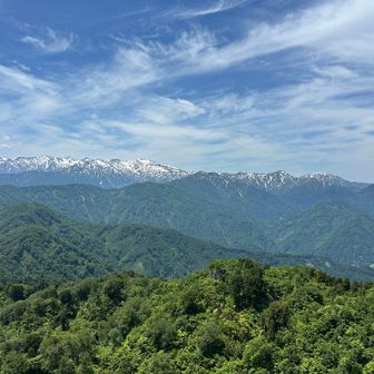 山頂から南西の景色。
乗鞍〜朝日は良いとして、栂海新道の山々はいまいちどれがどれだか良く分からない。

ところで、さわがに山岳会が栂海新道に手を付ける前に拓いたのがこの黒姫山清水倉ルートであり、またの名を「さわがに新道」と言うそうな...

2026.6.3追記
上述の「清水倉ルート=さわがに新道」という記載は誤りです。さわがに山岳会が黒姫山にさわがに新道を拓いたという記録は有りますが、現在は廃道になっているそうです(コメント欄参照)