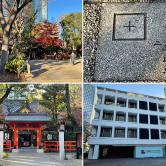 愛宕山へ上り、愛宕神社に参拝。境内の石畳に埋設された△愛宕山(成果不良/移転) …山上のNHK放送博物館も