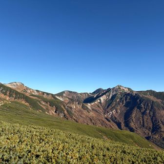 左から三俣蓮華、祖父岳、水晶、鷲羽丸見え。