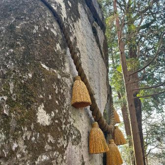「最初に拝殿に一礼してから、この大岩の裏の割れ目を時計回りに通り、再び拝殿に一礼、で一巡目、これを3周繰り返し、最後は二礼二拍手一礼ね」と、初めての相方にレクチャー。「あっザックは下ろしてねー」