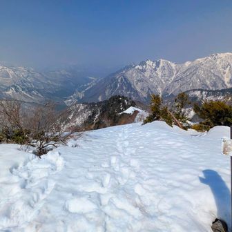下山〜雪質はグズグズ😅茂倉岳山頂付近（テン泊）にいらした3名以外にBC⛷️の方お一人スライドしただけ、、このルートはいつでも空いてて良い👍