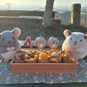 ㊗大坊山de400座⛰🐢
いなり寿司deぷち祝い?!🎉
(相方の400座記念と同じキャンドル再利用?!🕯)