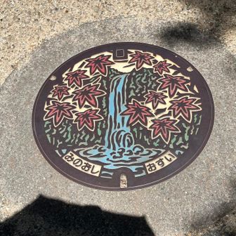 早々に片付け（さすがに慣れたもんやった）
ルート復帰する

で、見つけたマンホールの蓋は、滝模様やった🌊

思わぬ川遊びで、もうこのまま終了でもよかったんだけど、当初予定していた
「箕面西公園（親水公園）」に向かう