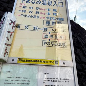 やまなみ温泉入口バス停
藤野駅行き　17:34
その前にひとっぷろ♨️
足元どろどろです