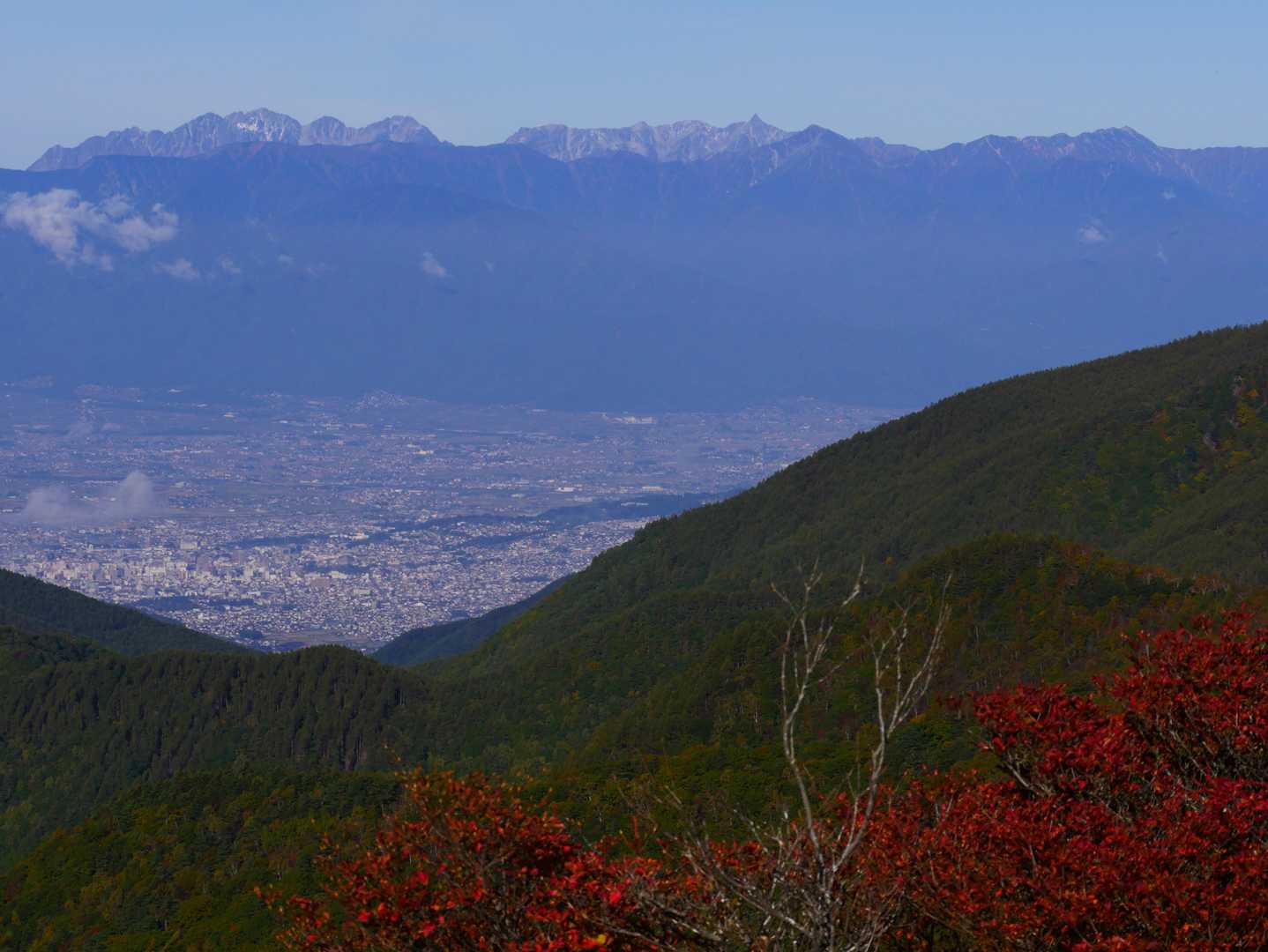 松本市街地の奥に穂・槍。