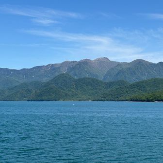 中禅寺湖越しに日光白根山を望む