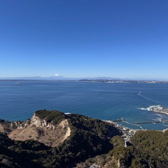 ロープウェイ山頂駅を出たところからの景色（富士山）

三浦半島と、その向こうに白い富士山が綺麗に見えました。