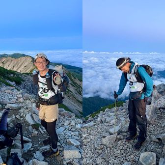 北薬師岳到着し他の登山者とお話ししていると、選手達が続々と横切ります。
皆さん気さくに写真撮影応じてくれます🙏
26番黒田選手、8番高木選手。この両名とは黒部五郎岳付近でもスライドしました。