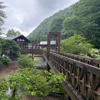 土砂降りの中、この木製の橋を渡っていきます。