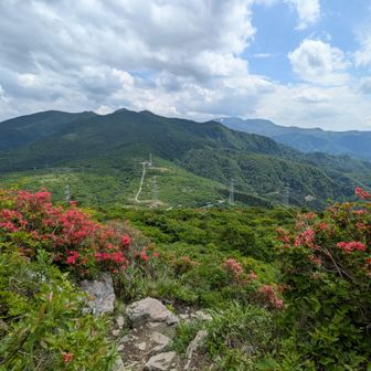 大関山から🅿️を目指して下山中　やや急斜面足元⚠️
正面が後日訪問予定の雁戸山