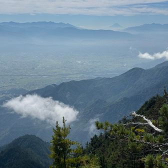 北峰と中峰の間くらいからの景色です。
左奥が八ヶ岳、右手奥が南アルプス、真ん中に富士山です🗻　下に広がる街並みは安曇野市街地です。
ひみつきちは真ん中左の大王わさび農場の近くにあります🏠😊