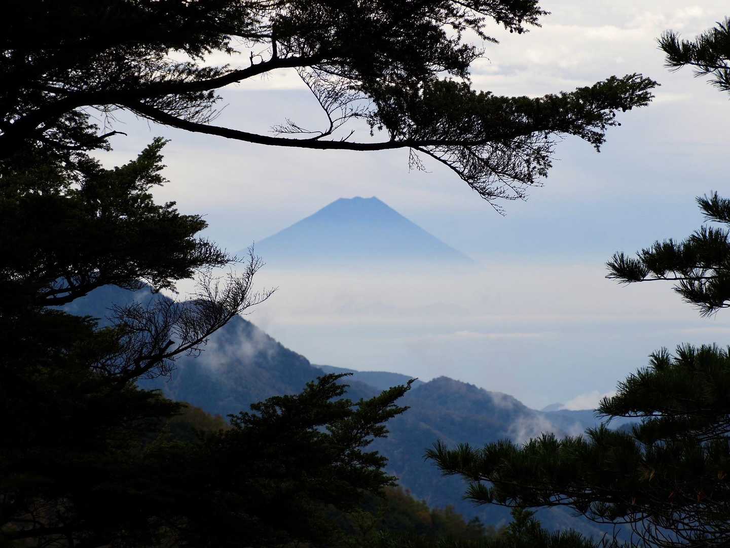 高度を上げていくと富士山が淡く美しく見えている