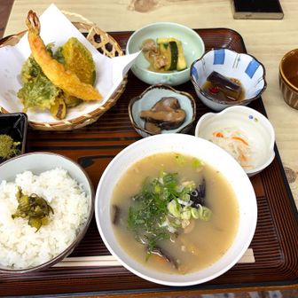 奥庭荘で山菜定食をいただきました。

山菜の天ぷら
けんちん汁がとんでもなく美味しいです。
ここのけんちん汁、また食べたいなぁ…
