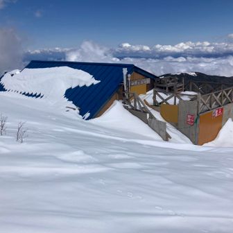 雪に埋もれた山頂ヒュッテ　風避けランチできるか…？