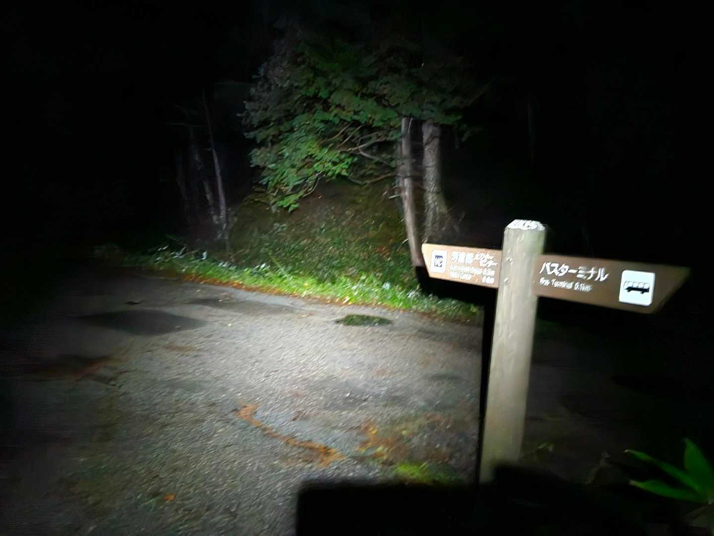 暗いなか歩き。
熊が怖いので鈴と熊スプレー持参です。