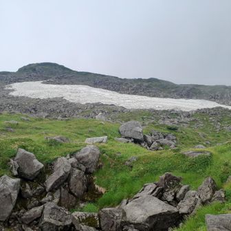 室堂山雪渓、この後浄土山の急な岩坂でヒイヒイ、ふらついて後ろへどってーん。