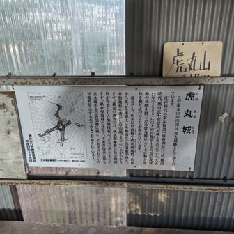 頂上にある小屋の中、虎丸城についての説明も掲示されています