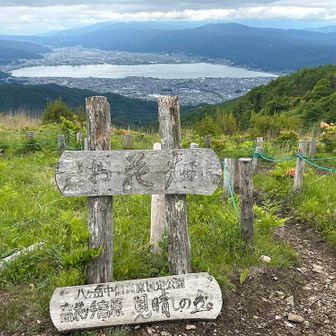 見晴らしの丘から諏訪湖を見下ろす。諏訪湖の向こうに富士山が見えるそうだが曇っていた。