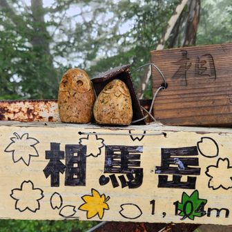 いつもの場所に石像が見当たらす、何処にいったのかと探していると、山頂標識の上に石像が置いてありました。
ちょこんと乗っていて可愛らしかったのですが、落ちたら割れてしまうかもしれないので、地面に置いておきました。