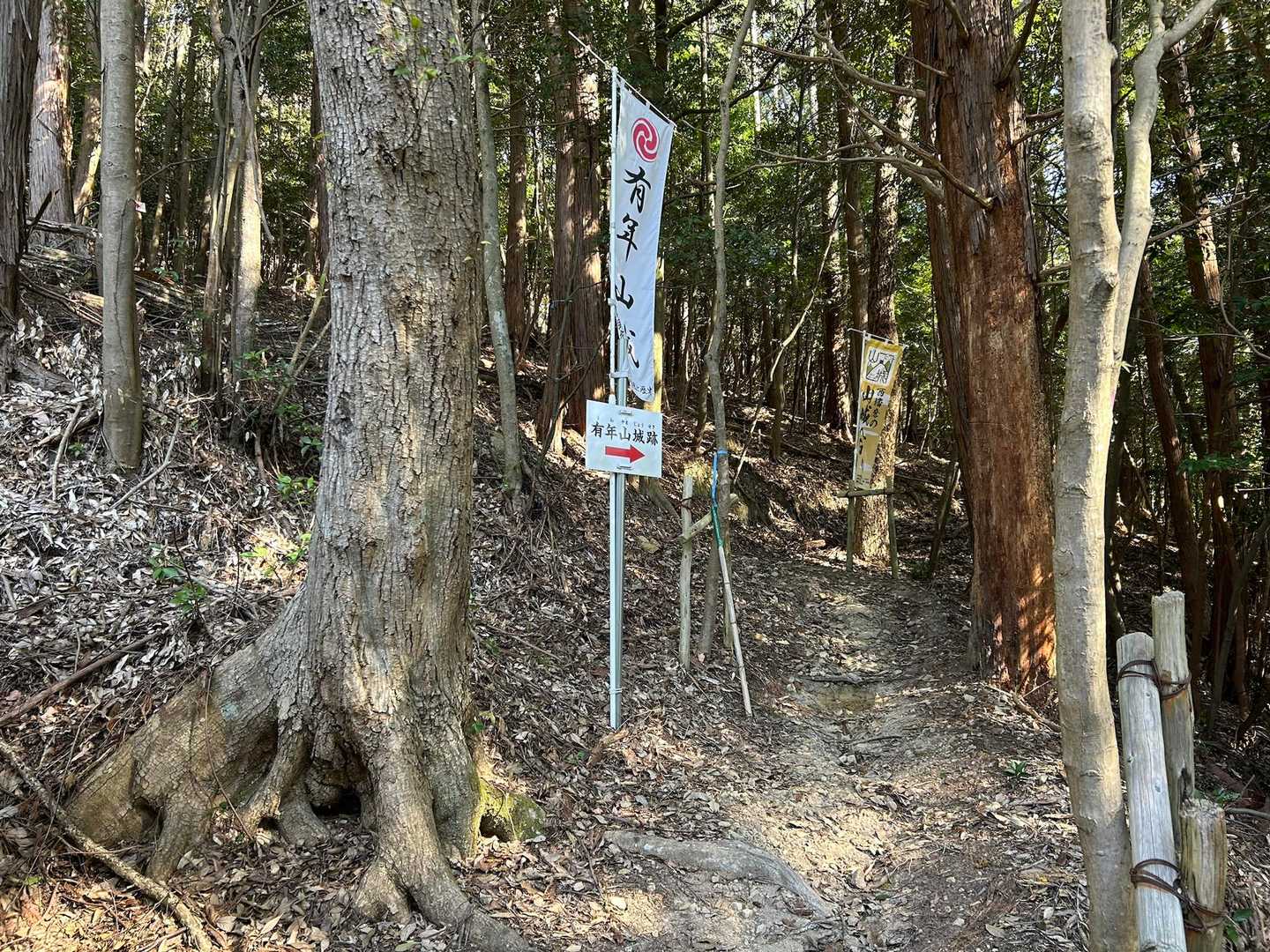 有年八幡神社の脇からさらに登ります。
赤い矢印の看板が登山道を教えてくれるので、迷うことありません。