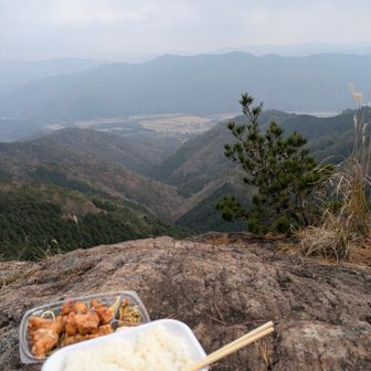 山頂は多分笹の中だろうからここでお昼にしやす