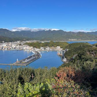 勝浦港２。中央奥に烏帽子山が…。