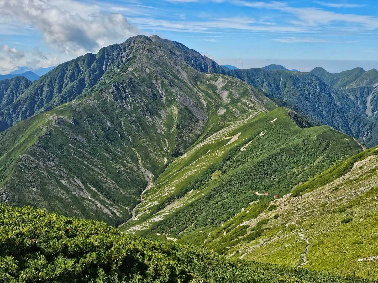 赤石岳だ、でっか！　荒川小屋だ、ちっさ！
今回いちばんの絶景です。