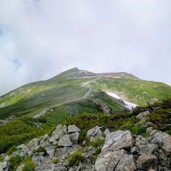 白馬岳山頂方面もガスが取れ白馬山荘も見える