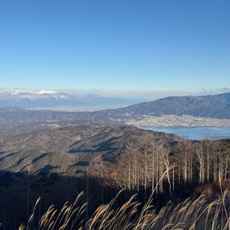 北には1番左に槍穂高連峰、その右の安曇野のシンボル常念山脈まで白い稜線が見えていますが、さらに右の後立山は寒気の影響で雪雲が掛かっています☃️
そして、右手に写っているのは半分くらい薄氷が張っている諏訪湖です。　
今年はまだ暫く低温状態が続くようなので、2018年以来8年振りに全面結氷して〝御神渡り〟（おみわたり）が見られそうですね😃ワタクシは見たことないので今年是非見てみたいです❗️
↓↓↓↓↓↓↓↓↓↓（御神渡りの長野県HP）
https://www.pref.nagano.lg.jp/suwachi/suwachi-shokan/kanko/omiwatari.html