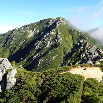 仙涯嶺山頂から南駒ヶ岳を見たところ
真ん中より少し右寄りの開けたところに山頂のプレートがあって、そこにザックをデポして登った。

開けたところに戻ってまずしたことは、靴を脱いで靴下を絞ること。
靴の中までビショビショで、靴下も濡らした雑巾のように水が絞れた•••

ゲイターつけていたけど、まるで意味なし。
レインウェアを着るべきだったのかもしれないけど、蒸れるし岩場歩きには動きにくいし。
露で濡れながら歩けるのも、この時期、この天気だからできたこと。