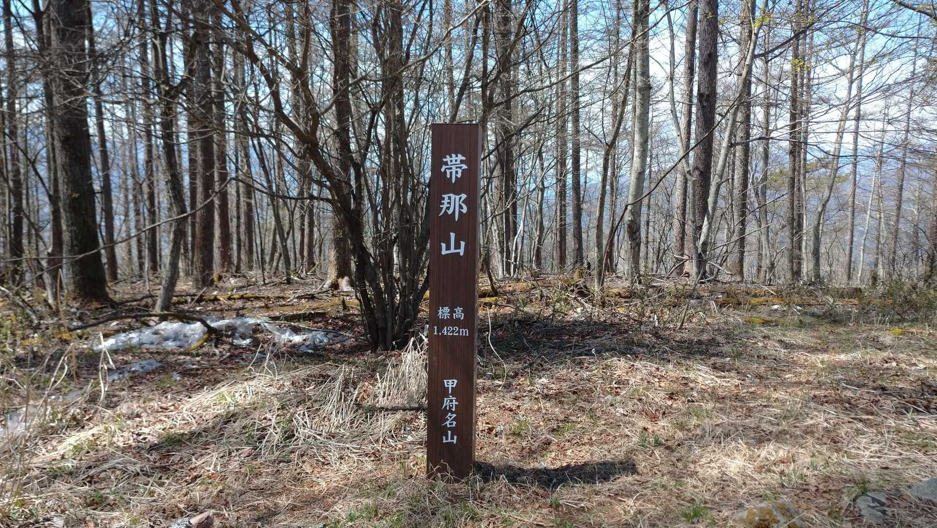 少し歩くと奥帯那山に到着❗
こちらにありました✨
甲府名山「帯那山」標柱😆
予定より大分遅くなりましたが、残りは金峰山、鉄山、朝日岳の三つになりました‼️