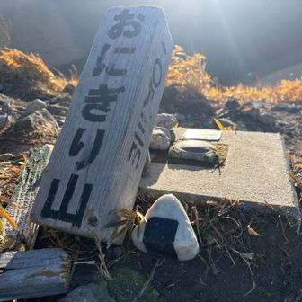 初登頂。置いてあったおにぎりのオブジェがかわいい。食べたら歯が欠けるよ。