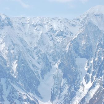 白毛門八合目 松ノ木沢ノ頭〽
谷川連岳東壁の銀嶺は純白のドレスを纏い、春霞に包まれ柔らかな表情をしているように見えた。※この先は雪崩や滑落のリスクが伴います。松ノ木沢ノ頭〽でも充分な迫力ある谷川岳東壁が望めます(白毛門〽からの眺望と比べても遜色ない)。