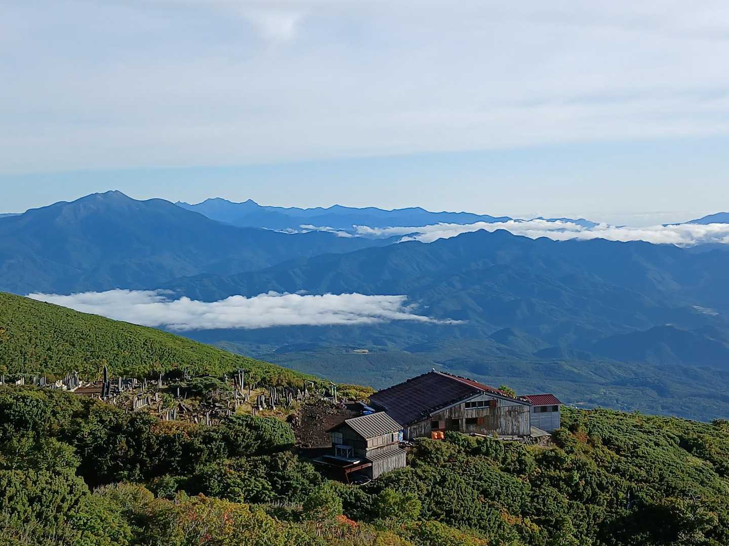 八合目を振り返ると乗鞍岳と穂高の姿。