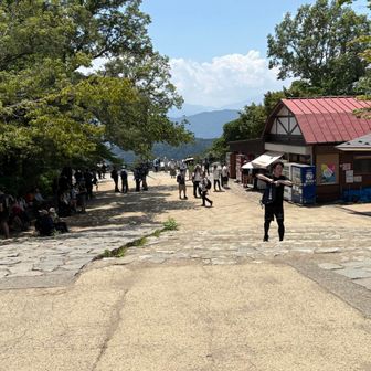 12時過ぎ高尾山山頂。やはりガラガラ。みんな日影に避難してます。