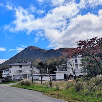 舗装路を5km以上歩いて車を止めた野地温泉ホテルさんに戻ってきました😅