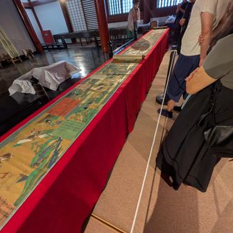 偶然、タイミングよく見れました。神社の方が藤原鎌足の生涯を描いた絵巻（現物！）を説明。