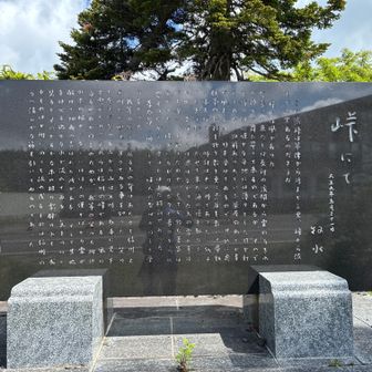 歌人・若山牧水は大正9年5月21日、草津から渋へ向かう途中の渋峠で「峠にて」の紀行文を書いています。

「この渋峠は草津から峠まで三里、峠から渋まで四里あるのださうだ」からはじまる手記には、渋峠にはかつて茶屋があったこと、昼飯を食べるためにゴザを敷き、酒の瓶を取り出し、思いのほか多い残雪を見ながらちびりちびりと舌で味わう酒が格別であったこと、渋峠の後ろにそびえる横手山が上州と信州の国境だと知り、左手に見える上州の山々と右手の信州の山々を眺めた、などと書いています。