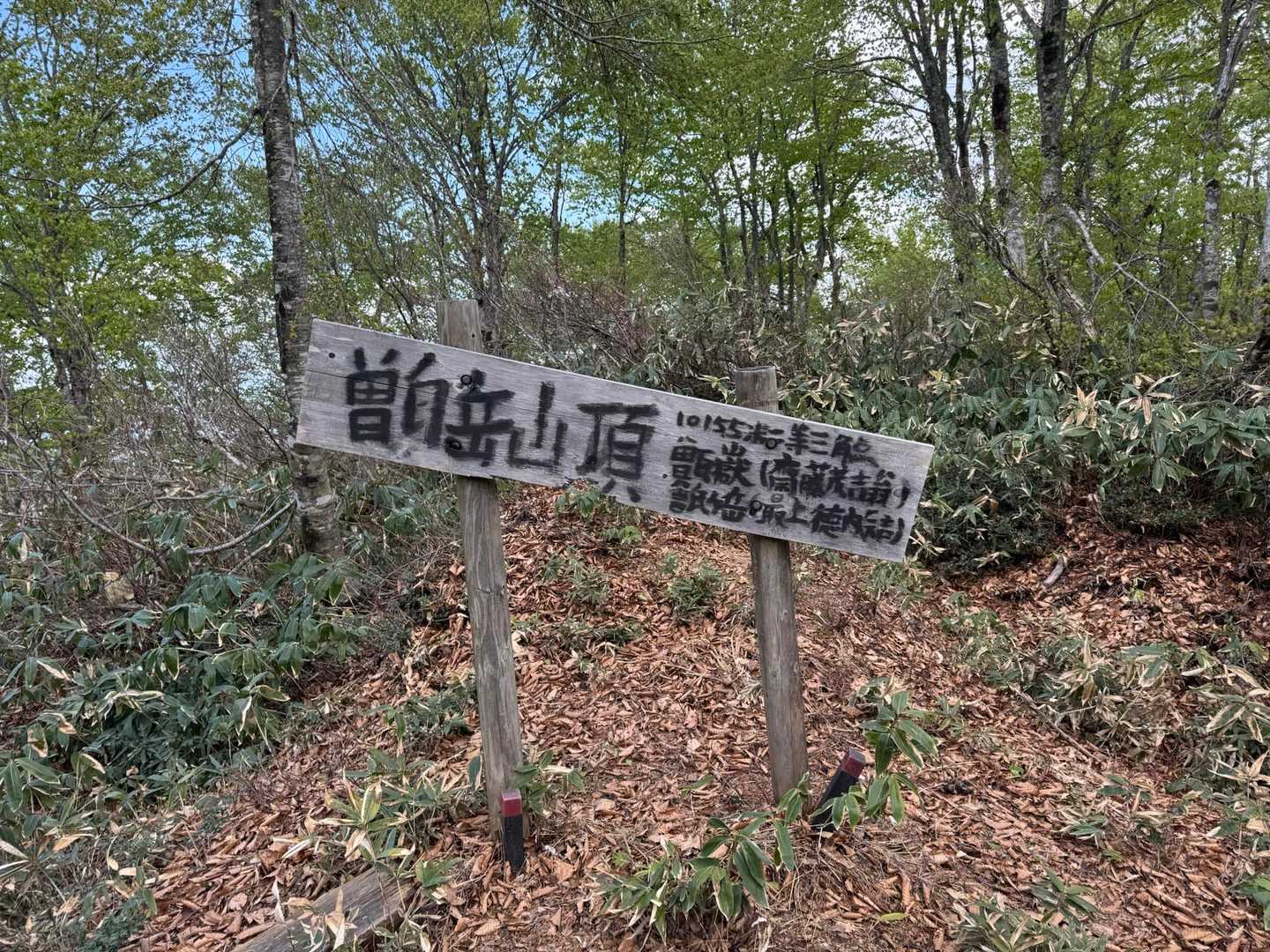 山頂標識は、登山会で設置したらしいですが、設置当初は真っ直ぐだったそうです。
