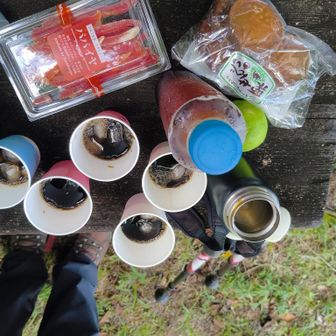 城跡でアイスコーヒーとドクダミ茶、おやつで一休み。
食べてばっかり！
何しに来たのか？
でも美味しいねぇ～！