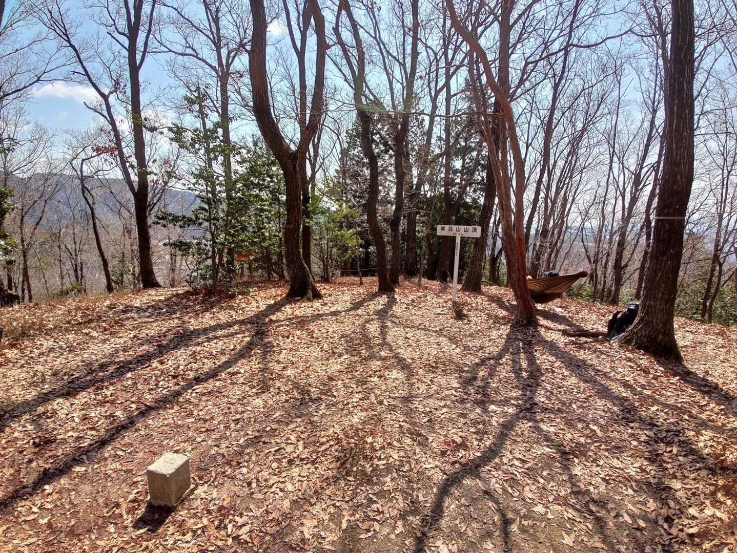 青貝山山頂。
標識のすぐ右にハンモックで休んでる方がいましたがチト迷惑。
なんぼでも場所あるんやから少し離れたトコ行って欲しいね。
って、直接よ～言わんけど。