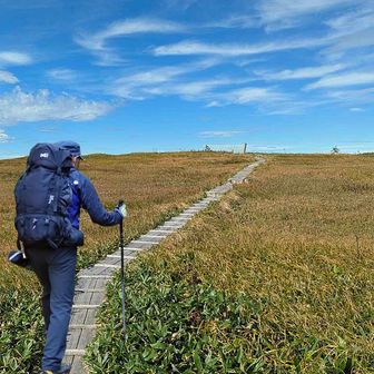 平ヶ岳の山頂から登山道の終点・池塘エリアに向かう