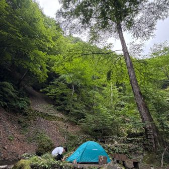 テント設営中の同行者