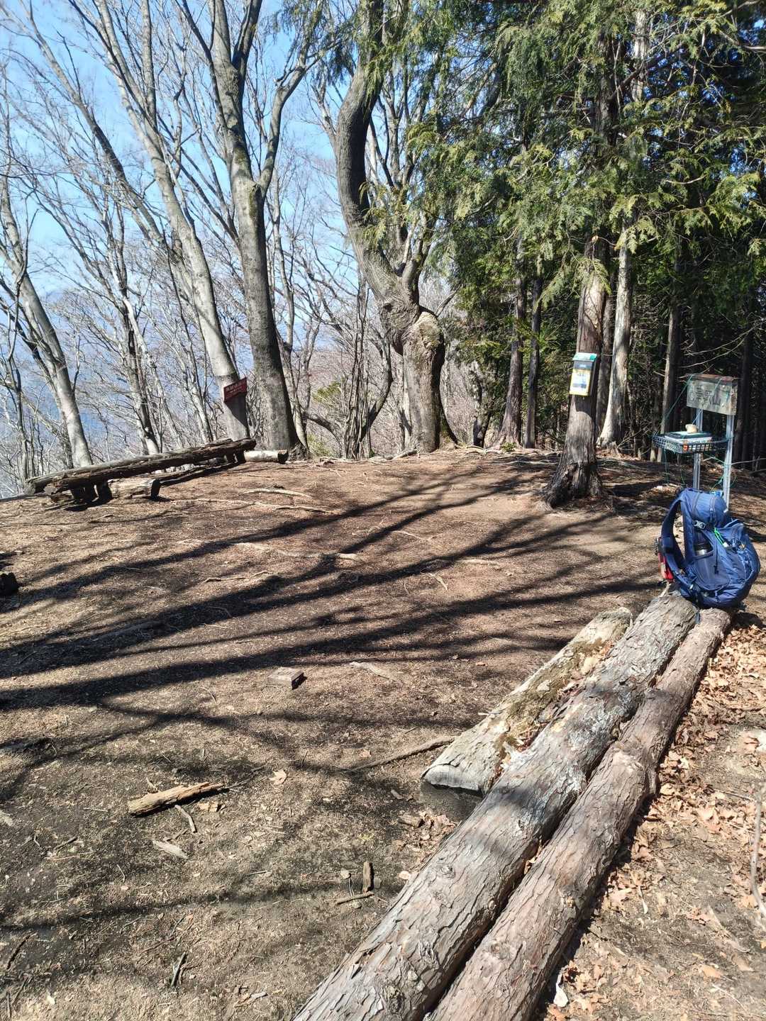 山頂は平らで広め。
丸太を横にしたベンチがあります。